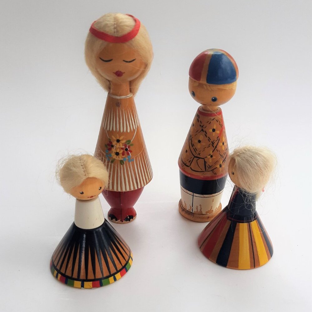 4 VTG Hand Painted Folk Art Wood Dolls, Salvo, Made in USSR, Turned Wood Baltic